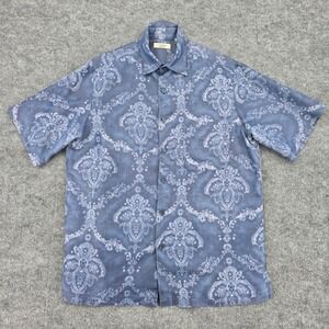 Caribbean Blues Mens Blue Damask Paisley Modal Rayon Short Sleeve Shirt Medium